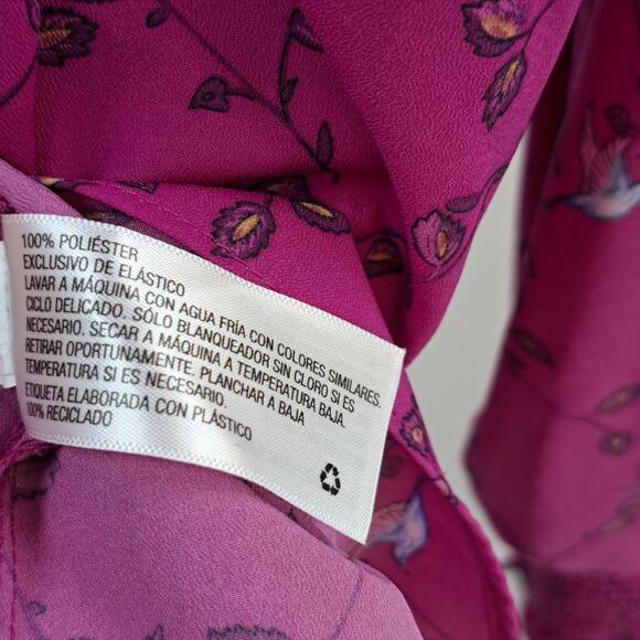 Ava & Viv Blouse Plus 4X Leaf Bird Print Tassel Tie Neck Long Sleeve Fuchsia - Picture 6 of 6